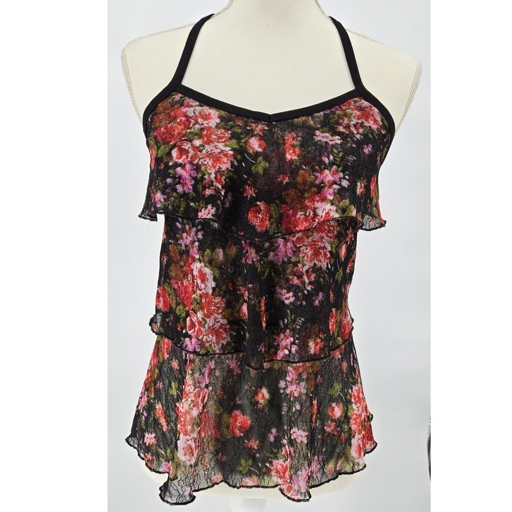 Sheer Layered Halter Tank Top Abstract Print Boho Festival Chic SMALL
